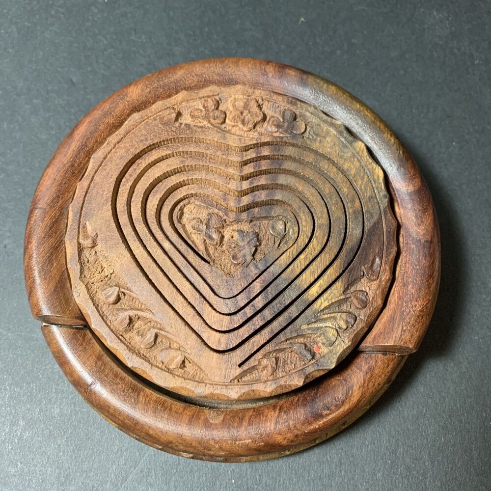 Collapsible Wooden Basket Hand Carved Foldable Bowl Ornate Vintage Tramp Art - Picture 4 of 5